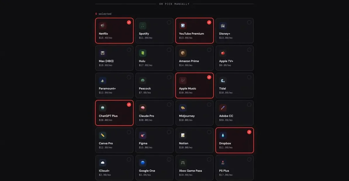 Subscription picker — manually select from 35+ popular services