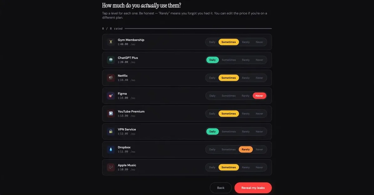 Rate each subscription by actual usage — Daily, Sometimes, Rarely, or Never